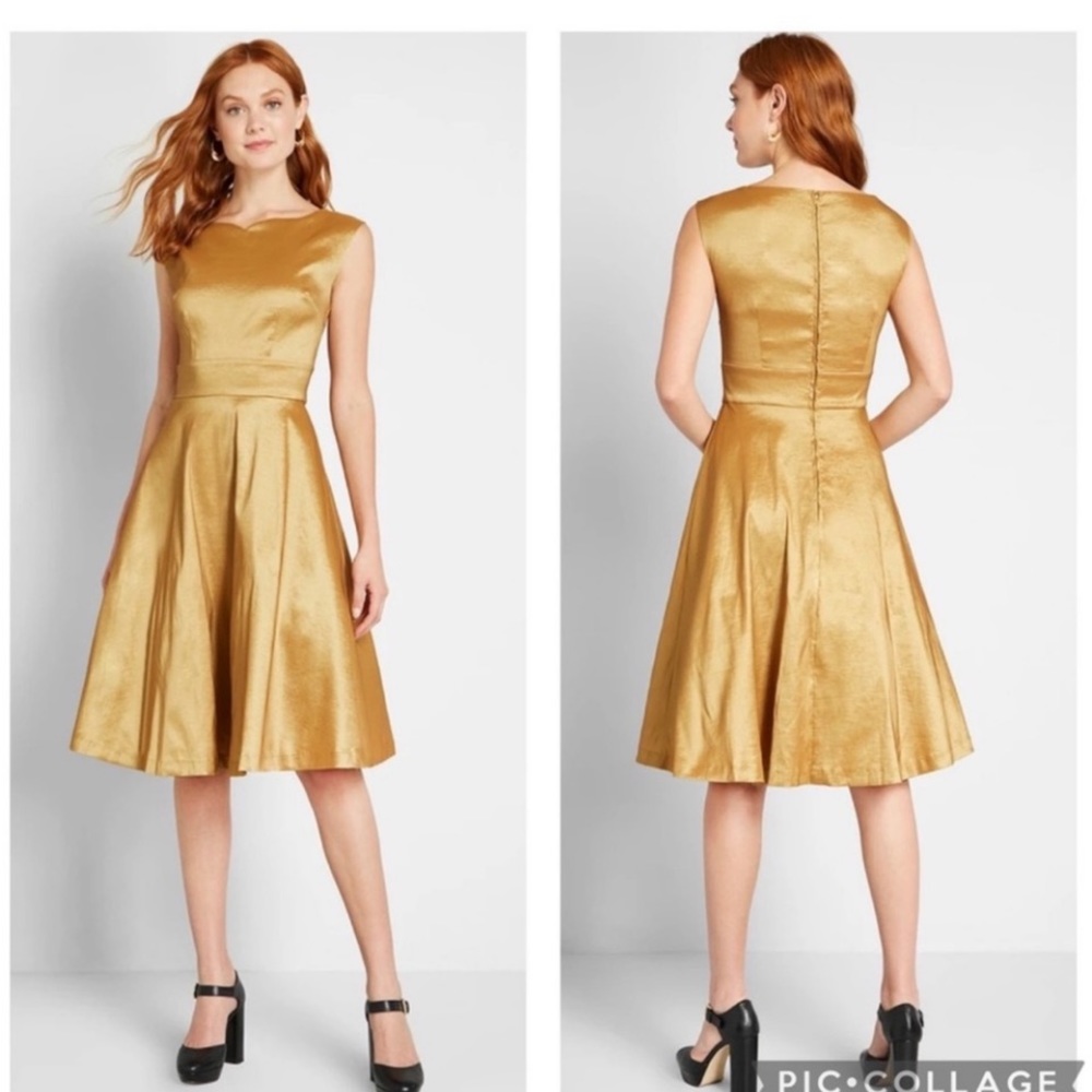 ModCloth Fantastic Satin Fit & Flare A-line Sleeveless Midi Dress Gold Size 6